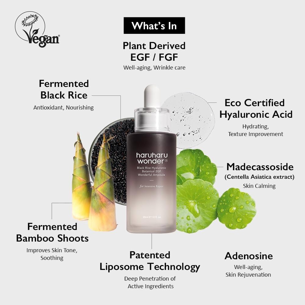 Haruharu Wonder, Black Rice Hyaluronic Botanical 2GF wonderful Ampoule, fiole cu acid hialuronic, 30 ml - 1 | YEO