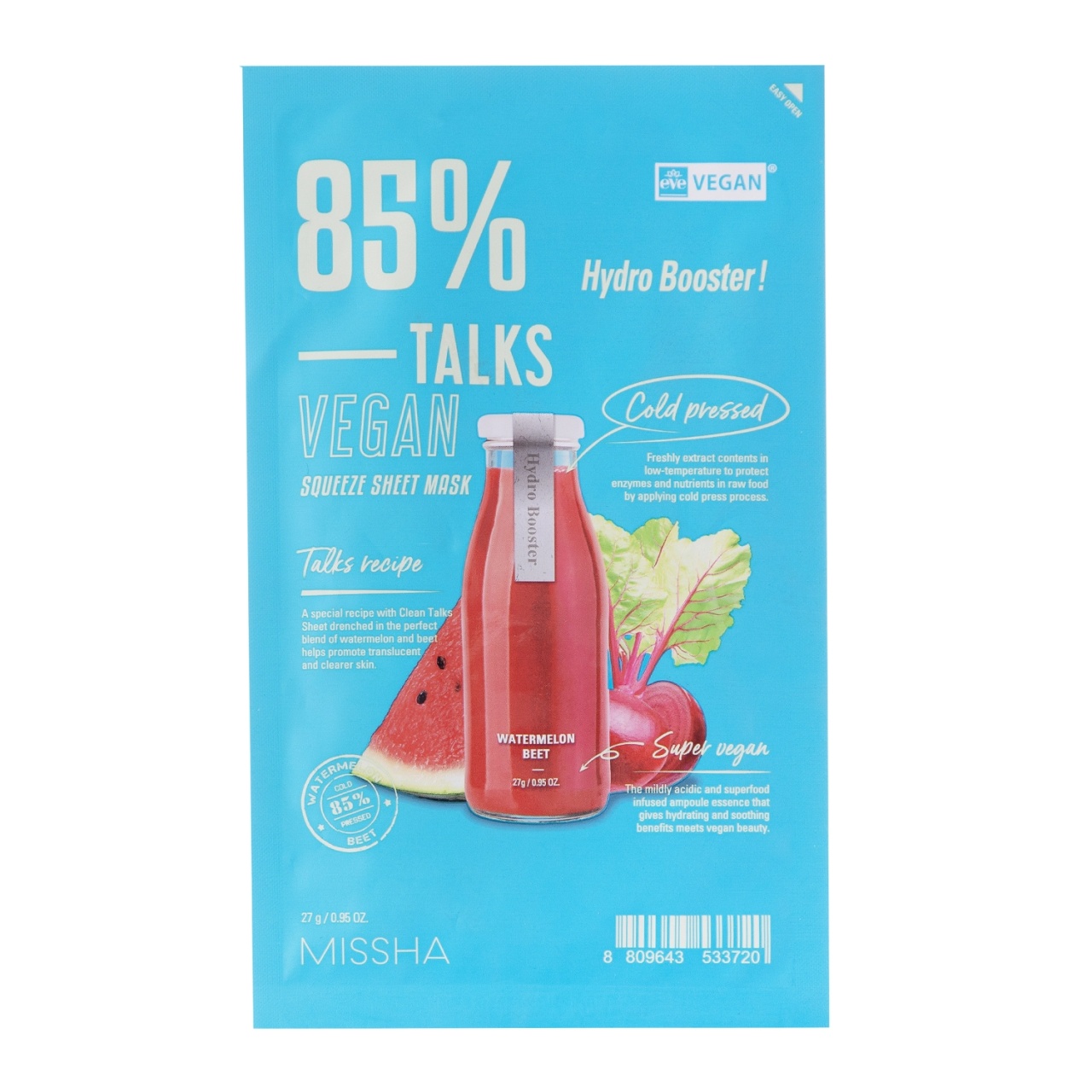 MISSHA, Talks Vegan Squeeze Sheet Mask [Hydro Booster], mască tip folie de întărire vegană, 27 g