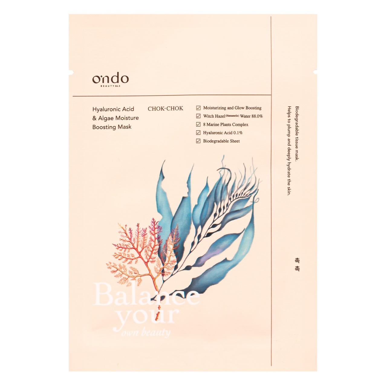 Ondo Beauty 36.5, Hyaluronic Acid &amp; Algae Moisture Boosting Mask Chok-Chok, mască hidratantă, 25 ml