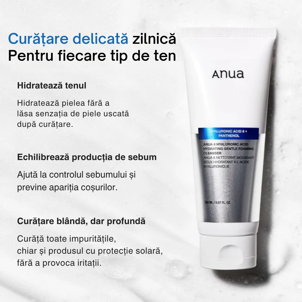 ANUA, 8 Hyaluronic Acid Hydrating Gentle Foaming Cleanser, cleanser hidratant și blând cu 8 tipuri de acid hialuronic, 150 ml - 2 | YEO