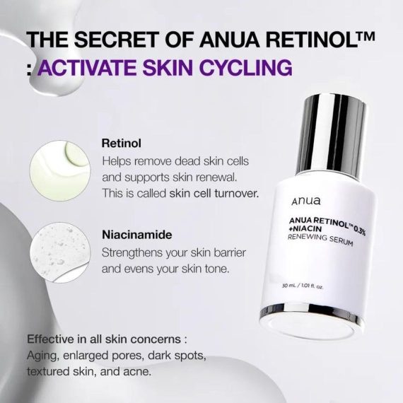 ANUA, Retinol 0.3% + Niacin Renewing Serum, ser cu retinol, 30 ml