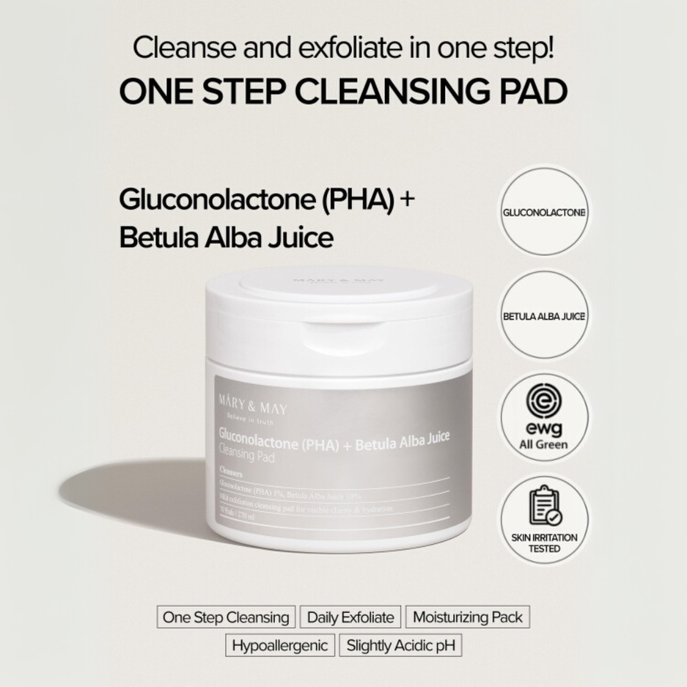 Mary&May, Gluconolactone (PHA) + Betula Alba Juice Cleansing Pad, dischete de curatare, 270 ml