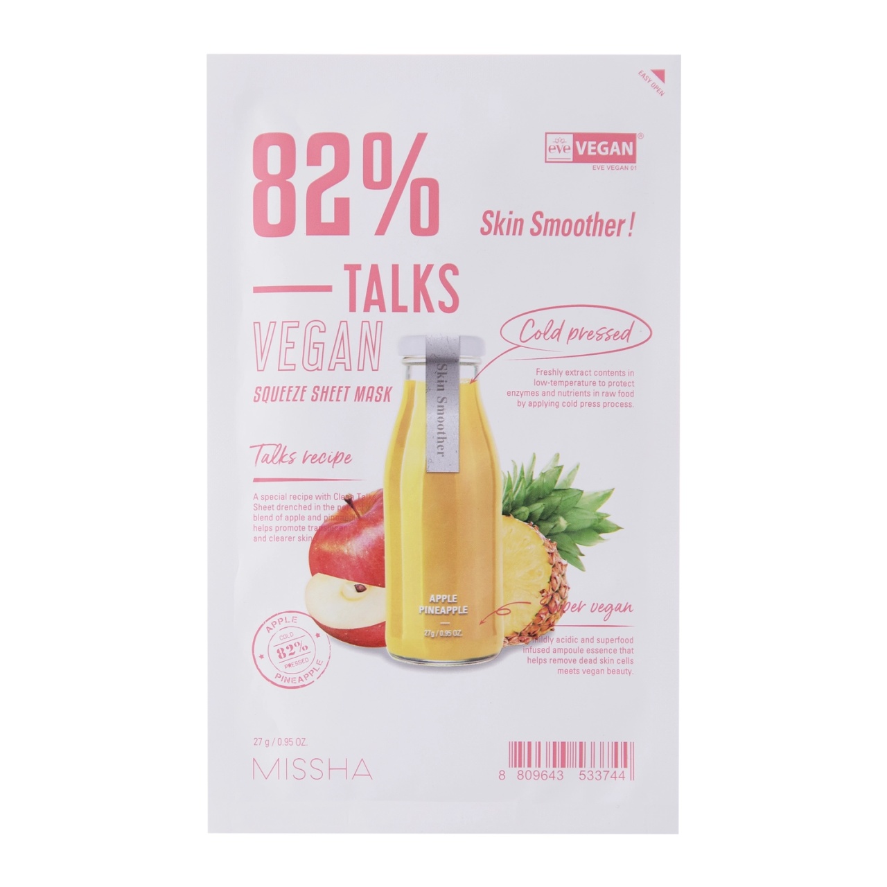 MISSHA, Talks Vegan Squeeze Sheet Mask [Skin Smoother], mască tip folie nutritivă vegană, 27 g