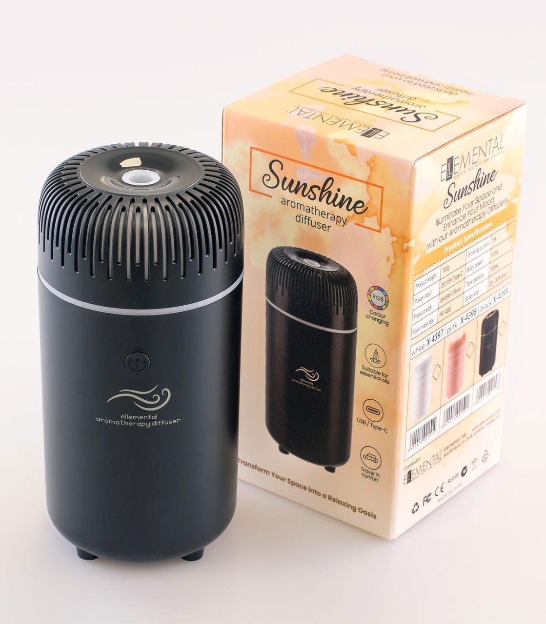 Ellemental, Difuzor de aromaterapie pentru mașină, Sunshine negru, alimentare USB