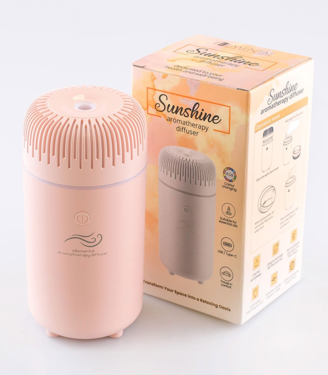Ellemental, Difuzor de aromaterapie pentru mașină, Sunshine roz, alimentare USB