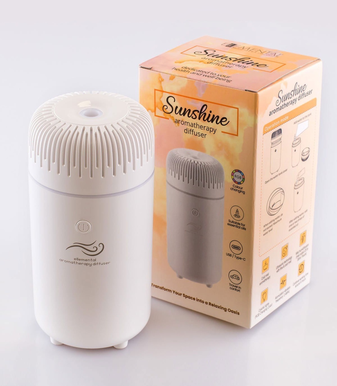 Ellemental, Difuzor de aromaterapie pentru mașină, Sunshine White, alimentare USB