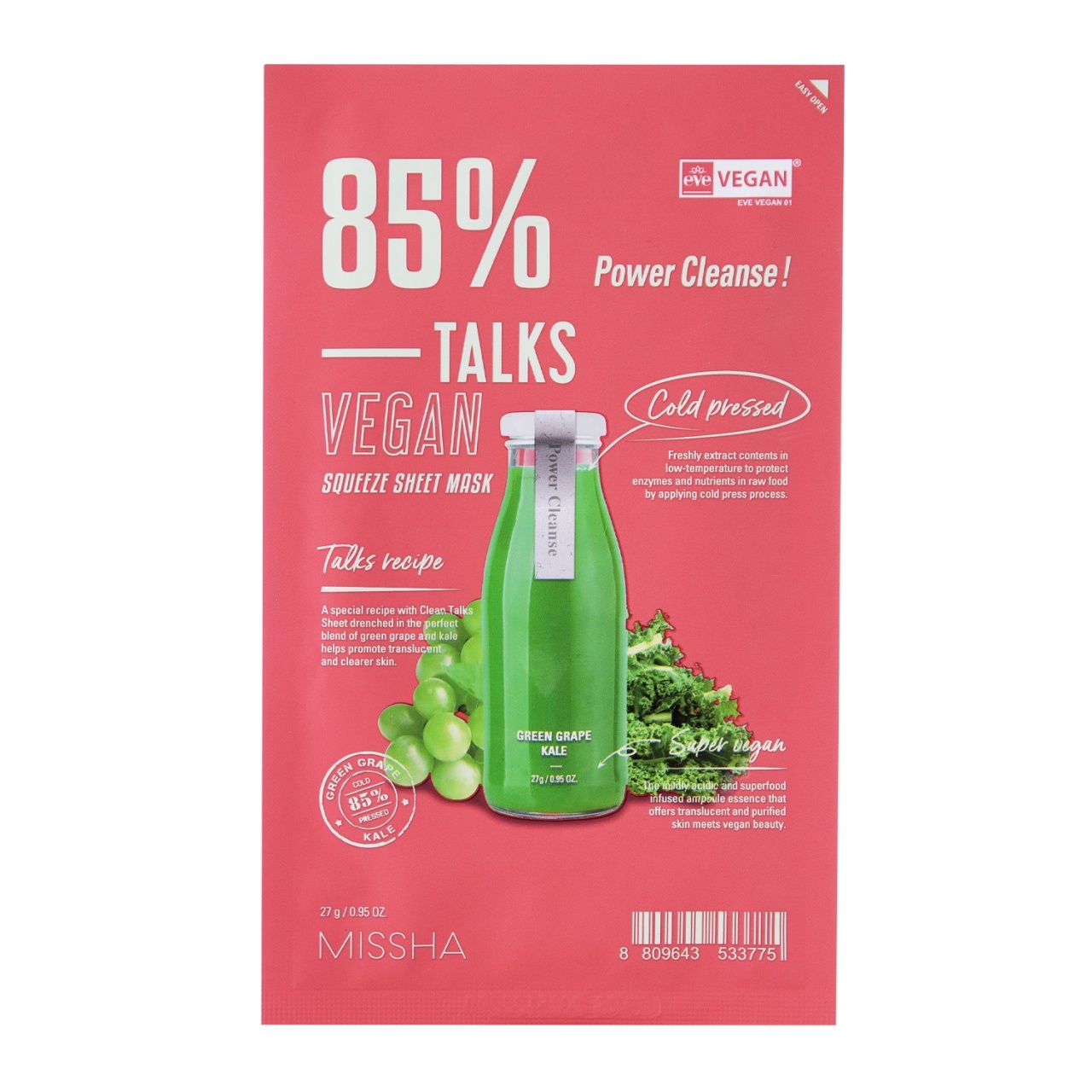 MISSHA, Talks Vegan Squeeze Sheet Mask [Power Cleanse], mască tip folie iluminatoare vegană, 27 g