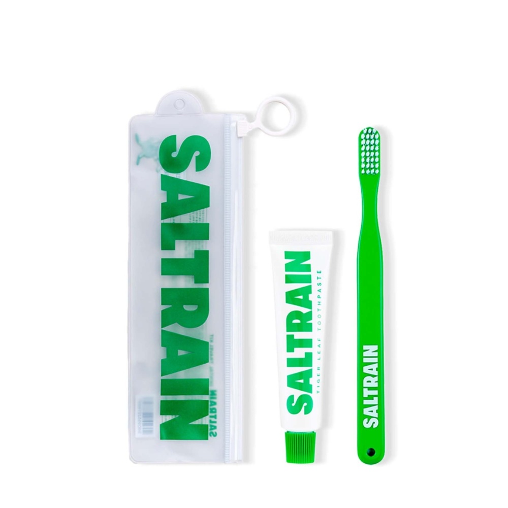 Saltrain, Travel Kit Green, kit de călătorie verde, acest kit include o pastă de dinți tiger leaf și o periuță de dinți asortată, set