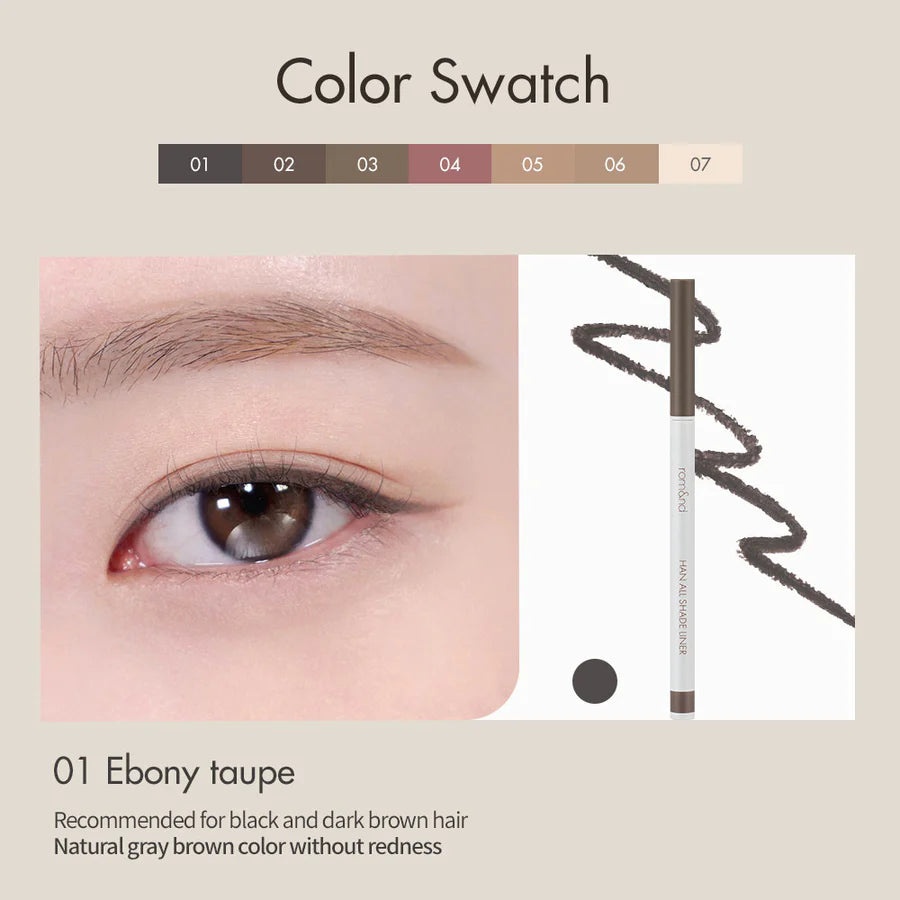 Rom&nd, Han All Shade Liner - 01 Ebony Taupe, creion de ochi, 0.9 g