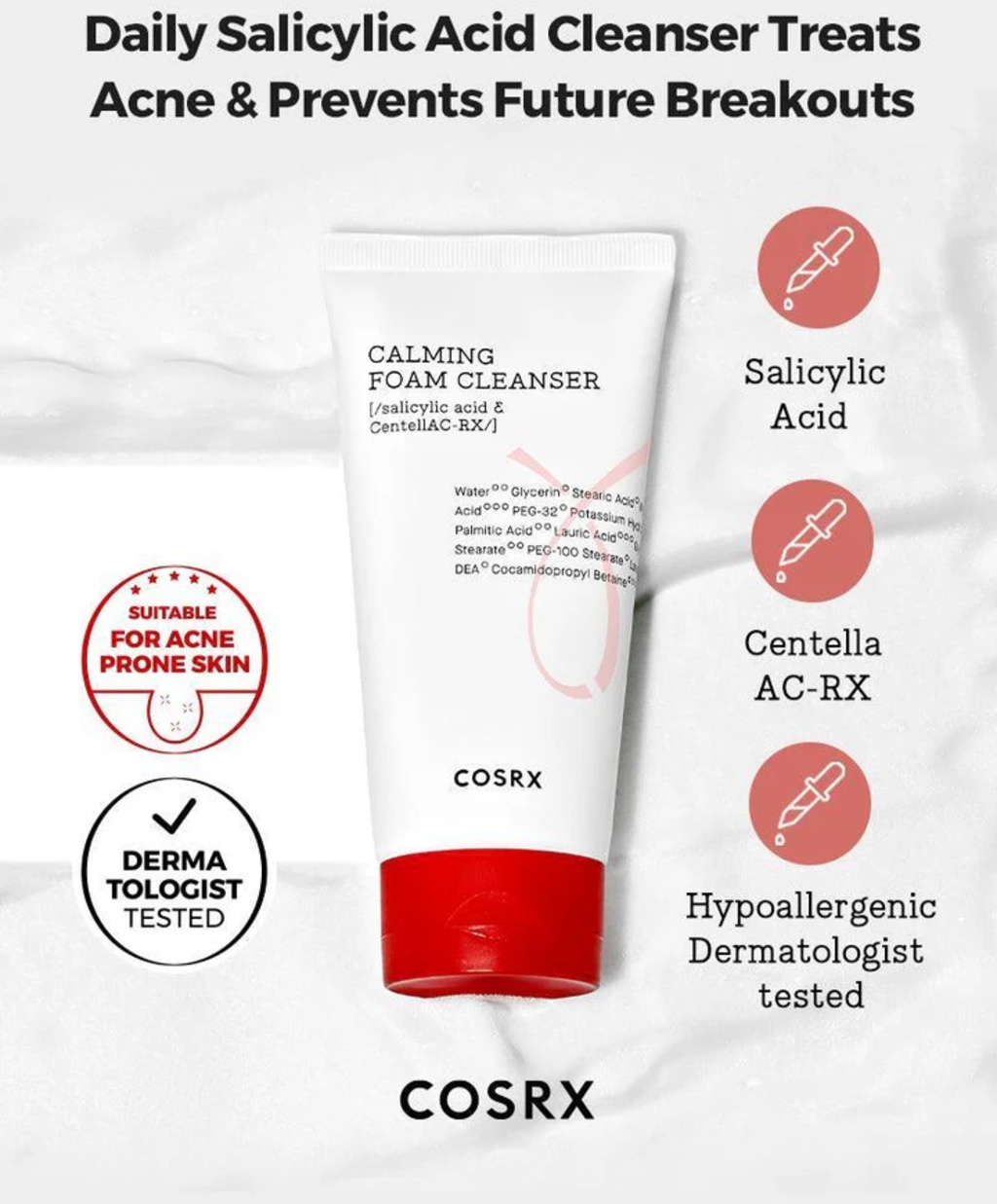 COSRX, Calming Foam Cleanser, spumă de curățare cu 0.5% acid salicilic, 150 ml