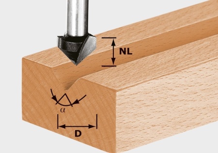 Freză de canelat in forma de V HS S8 D14/7/90°, Festool