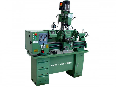 Strung combinat cu freză model Multitech 800 3L de Damatomacchine, cu o structura de fonta si finisaje in metal, avans automat atat pe masa longitudinala a strungului cat si transversala a frezei