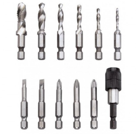 Adaptor 3 in 1 pentru burghiu-tarod-debavurator si set de bituri 0890, Fervi