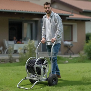 Carucior cu tambur si cos pentru furtun, otel, 675 x 610 x 900 mm, max 90 m pentru diametru 1/2 inch, 2 roti - Img 4