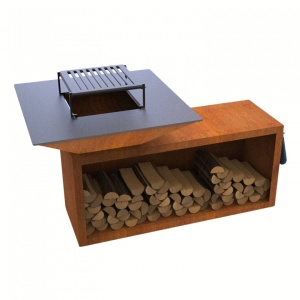Gratar cu plita 10 mm si vatra de gatit Vivatechnix VMD-1293, 1050(H)975x975 mm, Otel Corten, Spatiu depozitare lemne - Img 3