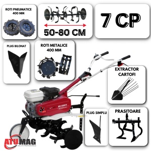 Motosapa Media Line MS 7100/5CF, 7 CP, freza 80 cm, benzina, 3.6 l, Pachet TOP: roti pneumatice 400 mm + suport accesorii + plug bilonat + roti metalice 400 mm + plug simplu + extractor cartofi + prasitoare