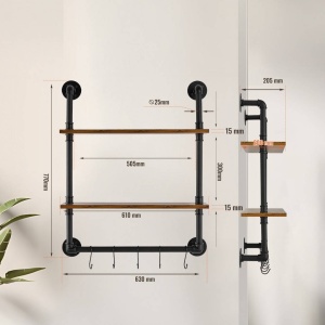 Raft metalic cu 2 x polite incluse din lemn, Vivatechnix Industrial, 630 x 205 x 770 mm - Img 2