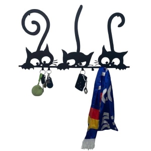 Suport chei cu 5 agatatori, Krodesign Three Cats KRO-1129, 60x30 cm, Negru - Img 2