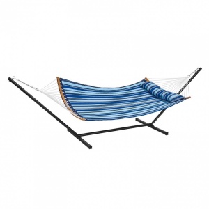 Hamac cu suport otel, pentru 2 persoane, Vivatechnix max 217 kg, 3760 x 987 x 1050 mm, matlasat, perna, Albastru cu dungi - Img 2