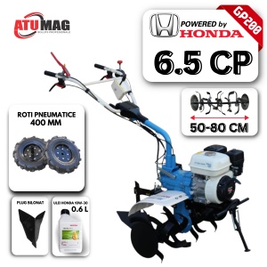 Motosapa AGT 7500 PREMIUM, motor Honda GP200, 6.5 CP, roti 4.00-8, latime de lucru 80 cm, transmisie cu ambreiaj si cutie de viteze de fonta cu roti dintate in baie de ulei, 3 viteze