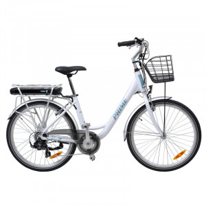 Bicicleta electrica Hecht prime white cu sasiu din aluminiu schimbator shimano acumulator 36 v