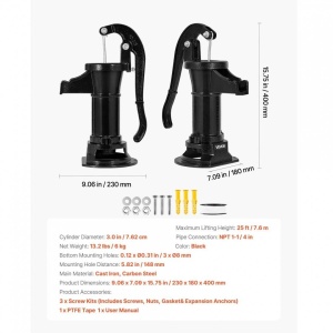 Cismea manuala pentru gradina, Antic Negru, Adancime max 7.6 m, Fonta/Otel carbon, 230 x 180 x 400 mm - Img 3