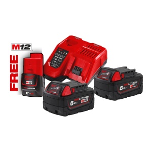 Pachet M18 NRG-502 cu 2 acumulatori M18 B5 + 1 acumulator M12 B2 si incarcator M12-18 FC, Milwaukee, cod 4933459217