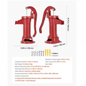 Cismea manuala pentru gradina, Antic Rosu, Adancime max 7.6 m, Fonta/Otel carbon, 230 x 180 x 400 mm - Img 4