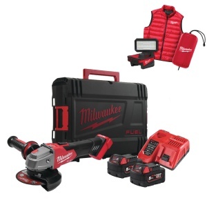 Polizor unghiular Milwaukee M18 FSAG125XBMC-502X, 2 X Acumulatori M18B5, 1 x încărcător M12-18FC, 1 x Cutie HD cod 4933499453 + CADOU 1 x Lampă M18 ALIS-0, 1 x Vestă