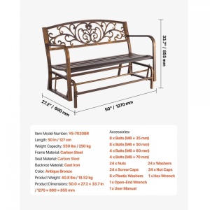Banca cu cadru metalic otel, spatar fonta, Bronz antic, Lungime 127 cm, max 250 kg, 2-3 persoane - Img 4