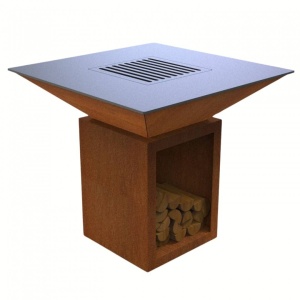 Gratar cu plita 10 mm si vatra de gatit, Vivatechnix VMD-1292, 1050(H)975x975 mm, Otel Corten, Spatiu depozitare lemne - Img 2