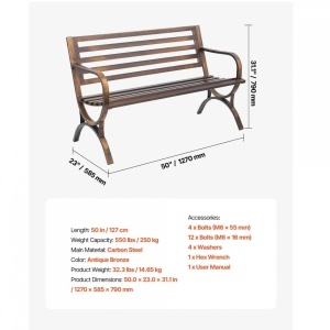 Banca cu cadru metalic otel, Bronz antic, Lungime 127 cm, max 227 kg, 2-3 persoane - Img 4