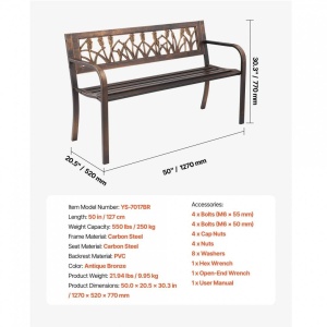 Banca cu cadru Otel carbon, spatar plastic cu model floral, Bronz antic, Lungime 127 cm, max 227 kg, 2-3 persoane - Img 4
