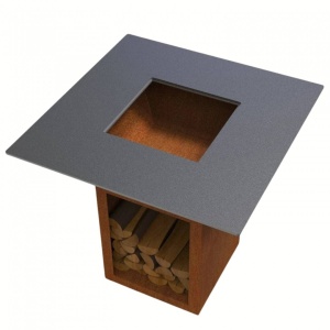 Gratar cu plita 10 mm si vatra de gatit, Vivatechnix VMD-1292, 1050(H)975x975 mm, Otel Corten, Spatiu depozitare lemne - Img 3