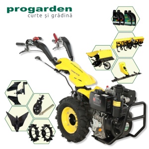 ProGARDEN Pachet Campo U12E Motocultor 12CP + BC120M Bara cosire + 3xPlug + FT90 Freza tractata + 2xRoti metalice RM47 + 4L Ulei