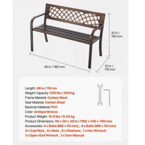 Banca cu cadru metalic otel, Bronz antic, Lungime 116 cm, max 250 kg, 2 persoane - Img 4