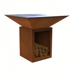 Gratar cu plita 10 mm si vatra de gatit, Vivatechnix VMD-1292, 1050(H)975x975 mm, Otel Corten, Spatiu depozitare lemne - Img 4