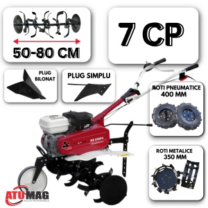 Motosapa Media Line MS 6580-4, 7 CP, freza 80 cm, benzina, 2.9 l, Pachet BASIC: roti pneumatice 400 mm + suport accesorii + plug bilonat + roti metalice 350 mm + plug simplu