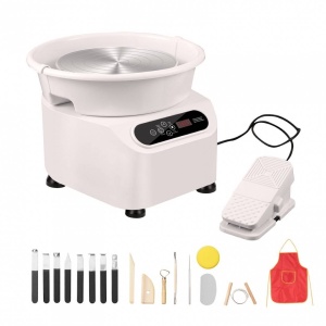 Roata de olarit profesionala electrica, cu pedala, 350 W, diametru placa 28 cm, Ecran tactil, 50-300 rpm, Alb, max 3 kg argila