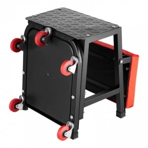 Scaun de atelier cu treapta, 5 x roti, pivotare 360°, capacitate 136 kg, tavita - Img 3