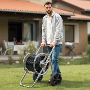 Carucior cu tambur pentru furtun, otel, dimensiune 650 x 530 x 740 mm, maxim 90 m pentru diametru de 1/2 inch, 2 roti - Img 4