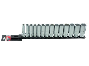 Set 14 capete chei tubulare lungi 1/2” DH pe suport metalic L 445 mm