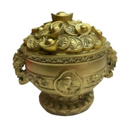 Statueta Feng Shui din rasina cu Vasul Prosperitatii cu Ru Yi, monede si pepite, 11,4cm,model Z24