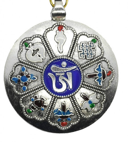 Amuleta argintie cu cele 8 simboluri tibetane, cu cele 12 zodii si silaba de protectie