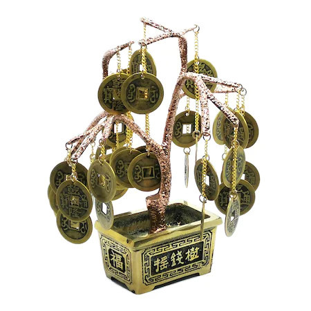 Copac auriu cu monede - Copacul prosperitatii, remediu Feng Shui din Metal, 110 mm lungime