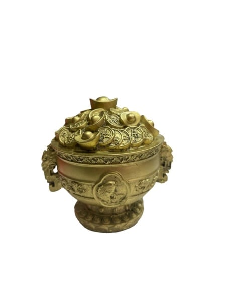 Obiect decorativ Vasul Prosperitatii cu Ru Yi, monede si pepite, Feng Shui, 14.4 cm