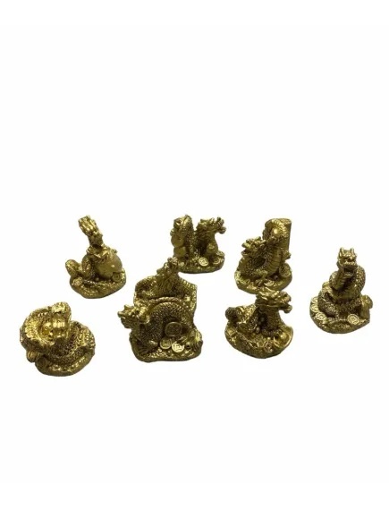 Statuieta set 8 dragoni aurii Feng Shui, din rășină 4 x 5,5 cm
