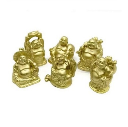 Set 6 Statuete Feng Shui Buddha aurii pentru prosperitate cu Pepita si Sac 4,5 cm,model FS72,
