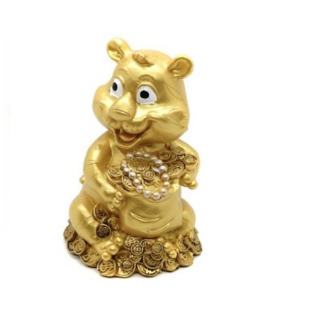 Statueta Feng Shui Tigru auriu cu Sacul prosperitatii, pusculita - 12cm, model TT25