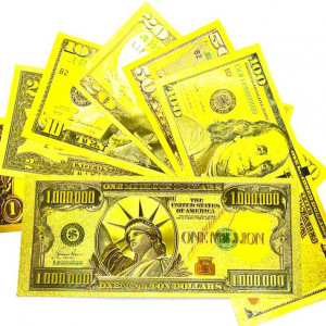 Bancnote feng shui 1,2,5,10,20,50,100,1000000 usd , polimer auriu metalic calitativ , amulete feng shui abundenta in marimea celor originale